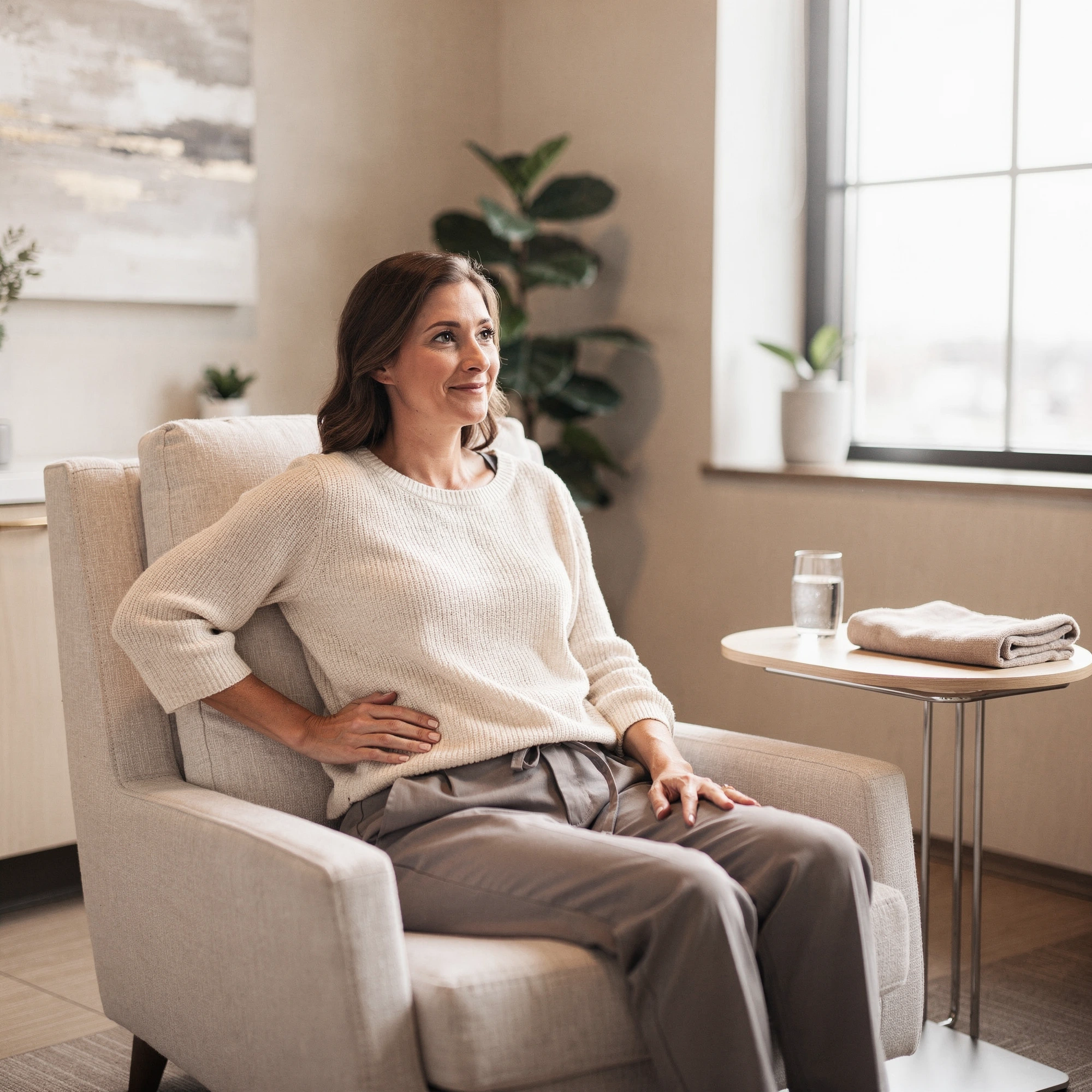 Woman sitting in a comfortable chair holding her lower back in a medical office waiting room